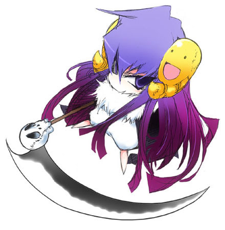 00s gradient_hair guchuko lowres multicolored_hair potemayo scythe skull solo