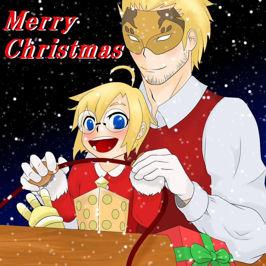 2boys arc_system_works artist_request blazblue blonde_hair blue_eyes blush carl_clover christmas facial_hair family father_and_son glasses gloves happy mask multiple_boys open_mouth relius_clover short_hair smile snow stubble
