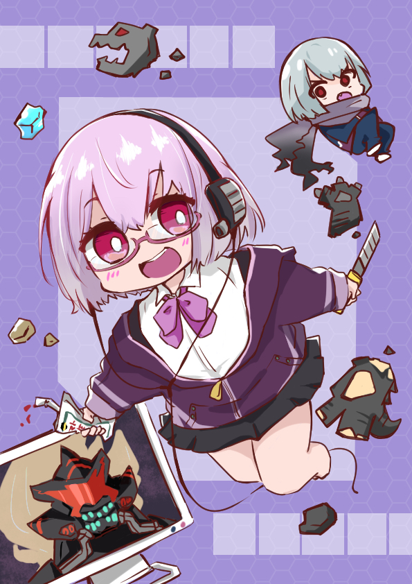 1boy 1girl 1other :d alexis_kerib anti_(ssss.gridman) barefoot bendy_straw black_jacket black_pants black_skirt bow boxcutter chibi collared_shirt dress_shirt drinking_straw fang glasses grey_hair grey_scarf gridman_universe hair_between_eyes headphones holding jacket monitor nozo_(hitomiz) open_clothes open_jacket open_mouth pants pink_bow pink_hair pleated_skirt purple_jacket red-framed_eyewear red_eyes scarf semi-rimless_eyewear shinjou_akane shirt skirt smile ssss.gridman teeth torn_clothes torn_scarf under-rim_eyewear upper_teeth_only white_shirt
