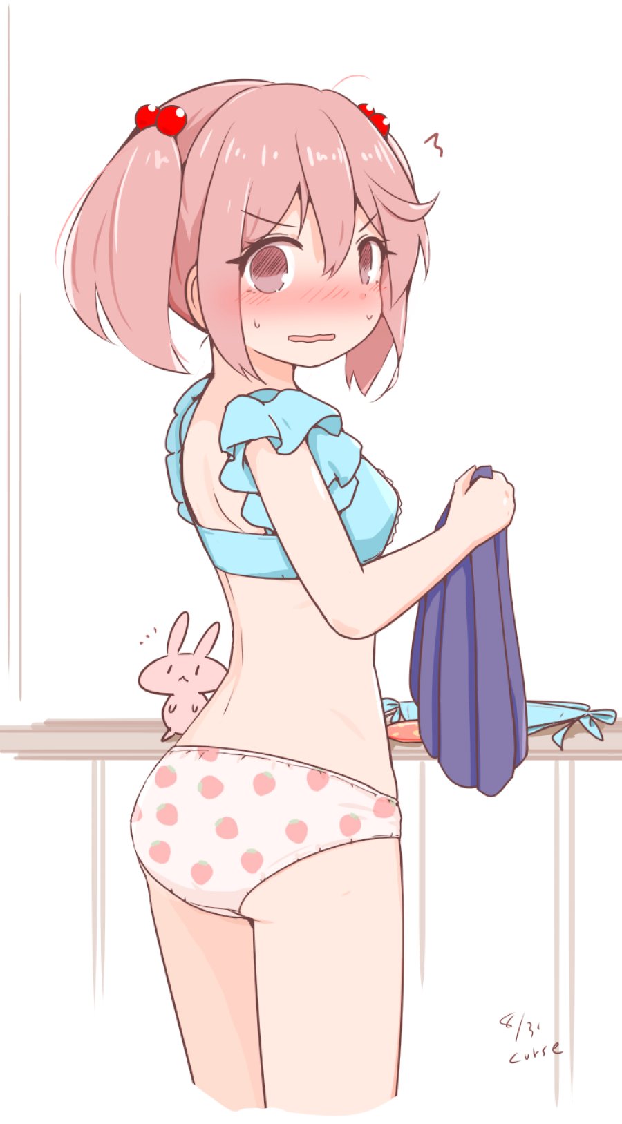 1girl ass bikini blue_bikini blush commentary_request curse_(023) food_print frilled_bikini_top fruit_print hair_bobbles hair_ornament highres holding holding_unworn_clothes holding_unworn_skirt kantai_collection nose_blush panties pink_eyes pink_hair print_panties rabbit sazanami_(kancolle) sazanami_(swimsuit)_(kancolle) short_hair skirt strawberry_panties strawberry_print swimsuit twintails underwear unworn_bikini_bottom unworn_skirt