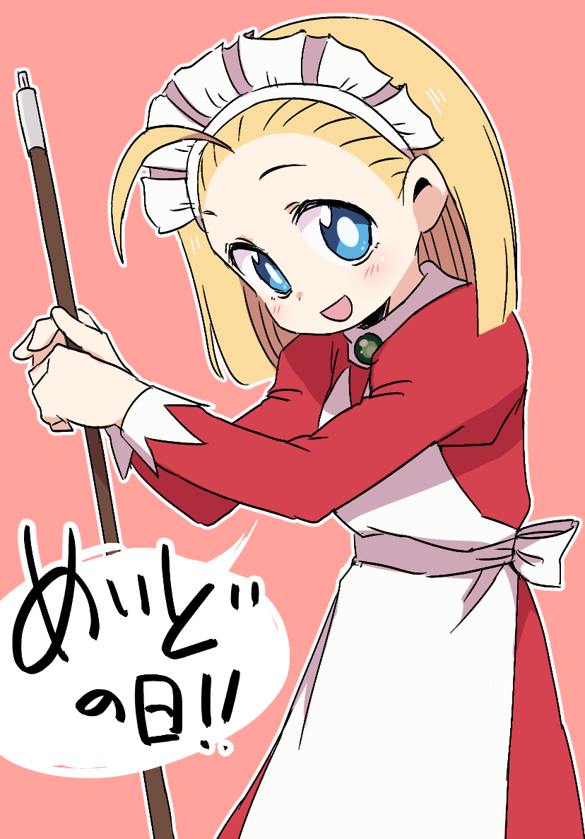 1girl ahoge apron blonde_hair blue_eyes blush bright_pupils broom dokan_(dkn) dot_nose dress holding holding_broom kikimora_(puyopuyo) maid maid_apron maid_headdress pink_background puyopuyo red_dress solo speech_bubble white_apron white_pupils