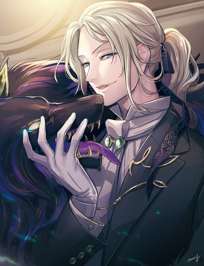 1boy amg_(nwmnmllf) black_jacket blonde_hair blue_eyes fate/grand_order fate_(series) gloves grin indoors jacket jewelry long_hair long_sleeves looking_at_viewer male_focus parted_lips ponytail shirt signature smile solo white_gloves white_shirt wolf wolfgang_amadeus_mozart_(fate) wolfgang_amadeus_mozart_(formal_dress)_(fate)