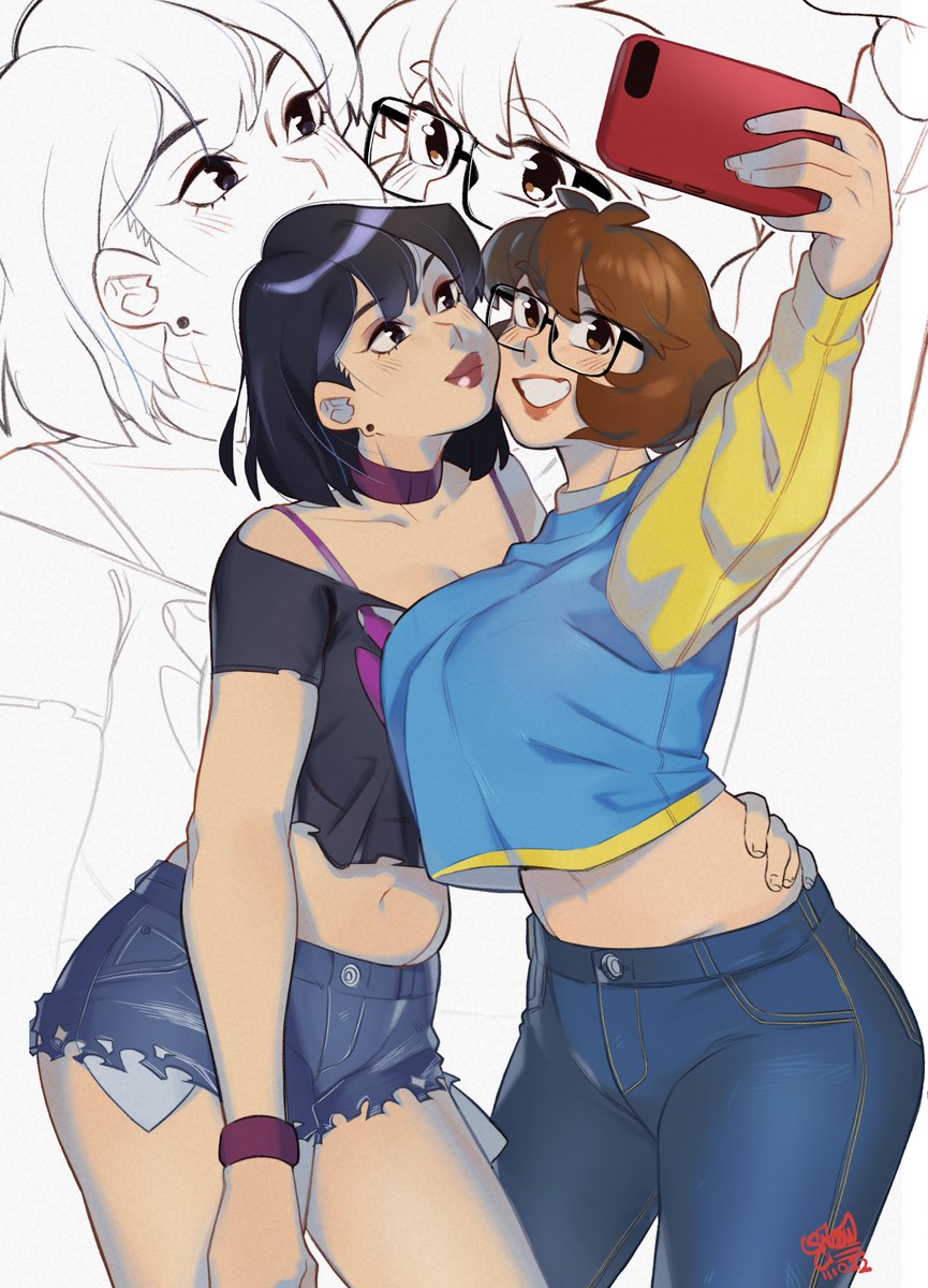 2girls artist_name black_eyes black_hair black_shirt blue_pants blue_shorts blue_sweater bra breasts choker collarbone commentary commission cropped_shirt cropped_sweater dated denim denim_shorts earrings english_commentary eyeshadow glasses groin hair_behind_ear highres jeans jewelry large_breasts makeup medium_breasts multiple_girls navel off-shoulder_shirt off_shoulder original pants purple_bra purple_choker purple_eyeshadow red_lips selfie shirt short_hair short_shorts shorts smile snowcie snowciel_(snowcie) sweater torn_clothes torn_shirt torn_shorts two-tone_sweater underwear wristband yellow_sweater zoom_layer