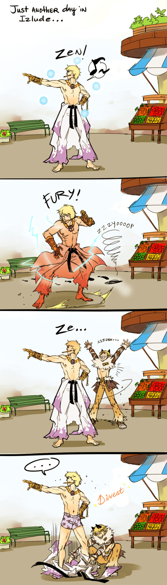 ... 2boys assisted_exposure barefoot belt bench black_belt black_gloves blonde_hair brown_cape brown_pants cape clothes_around_waist commentary cross cross_necklace cross_of_prontera english_commentary english_text flame_print fur_collar gameplay_mechanics gauntlets gloves highres jewelry male_underwear market_stall mouth_hold multiple_boys necklace pants pantsing pencil purple_male_underwear ragnarok_online shadow_chaser_(ragnarok_online) shirt shirt_around_waist shrug_(clothing) spoken_ellipsis sura_(ragnarok_online) topless_male underwear wasabu white_pants white_shirt