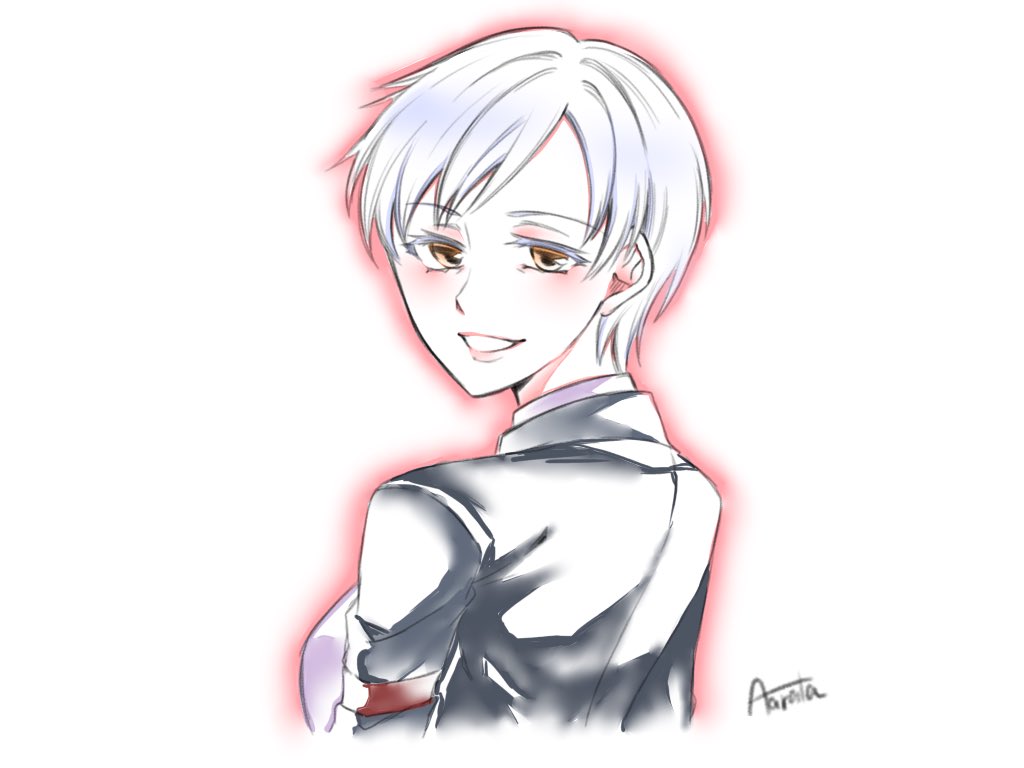 1girl armband black_jacket cropped_torso doraeri1004 facing_back from_behind jacket looking_at_viewer open_clothes orange_eyes outline purple_shirt red_armband red_outline shirt signature smile solo tanaka_atsuko umineko_no_naku_koro_ni upper_body ushiromiya_kyrie white_background white_hair