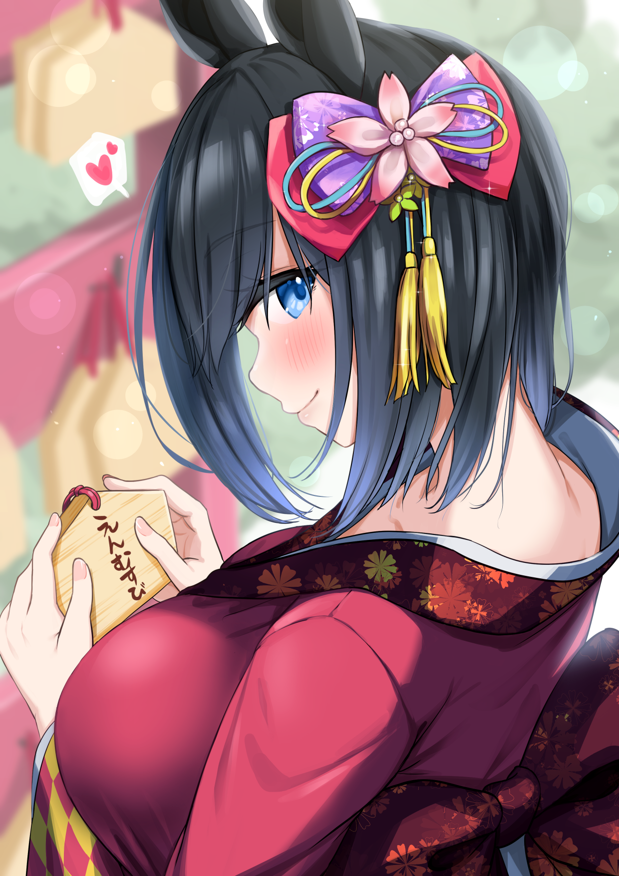 1girl alternate_costume animal_ears blue_eyes blurry blurry_background blush bow breasts closed_mouth commentary_request eishin_flash_(umamusume) ema hair_bow hair_ornament heart highres holding horse_ears horse_tail japanese_clothes kibihimi kimono lens_flare long_sleeves looking_at_viewer medium_breasts nape red_kimono short_hair sideways_glance smile solo spoken_heart tail tassel tassel_hair_ornament translation_request umamusume upper_body