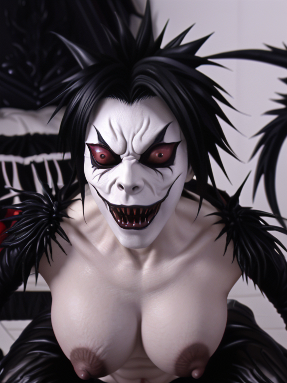 1girl breasts colored_sclera death_note genderswap genderswap_(mtf) jr5 large_breasts nipples non-web_source nude red_sclera ryuk self-upload sharp_teeth solo teeth