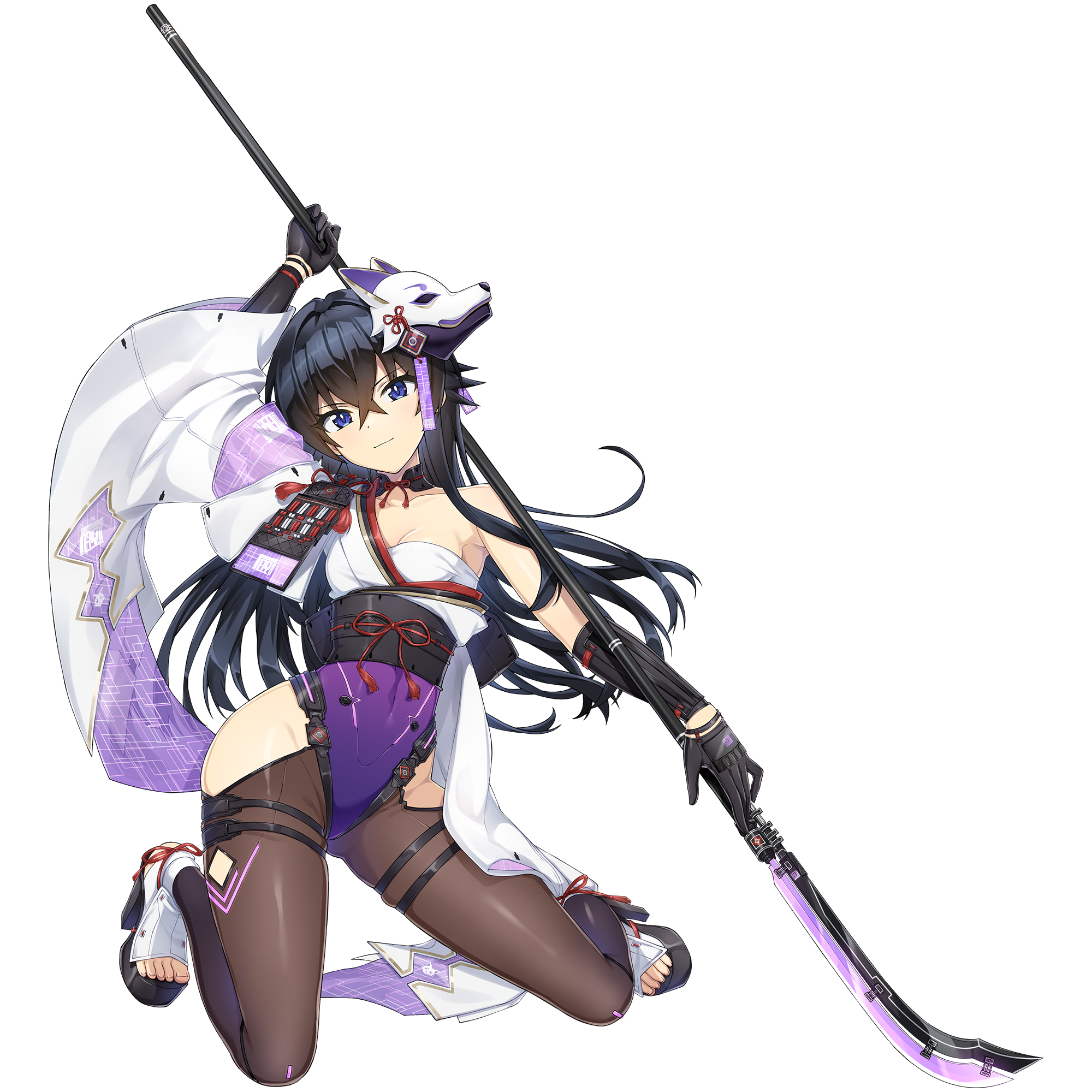 black_gloves black_hair blue_eyes bodysuit breasts cleavage dolphin_wave fox_mask game_cg gloves hagane_otsuki high_heel_sandals highres hip_vent holding holding_behind_back holding_polearm holding_weapon holding_weapon_behind_back impossible_bodysuit impossible_clothes japanese_clothes kneeling long_hair mask mask_on_head naginata non-web_source official_art ootomo_takuji polearm sandals small_breasts smile tasuki transparent_background weapon