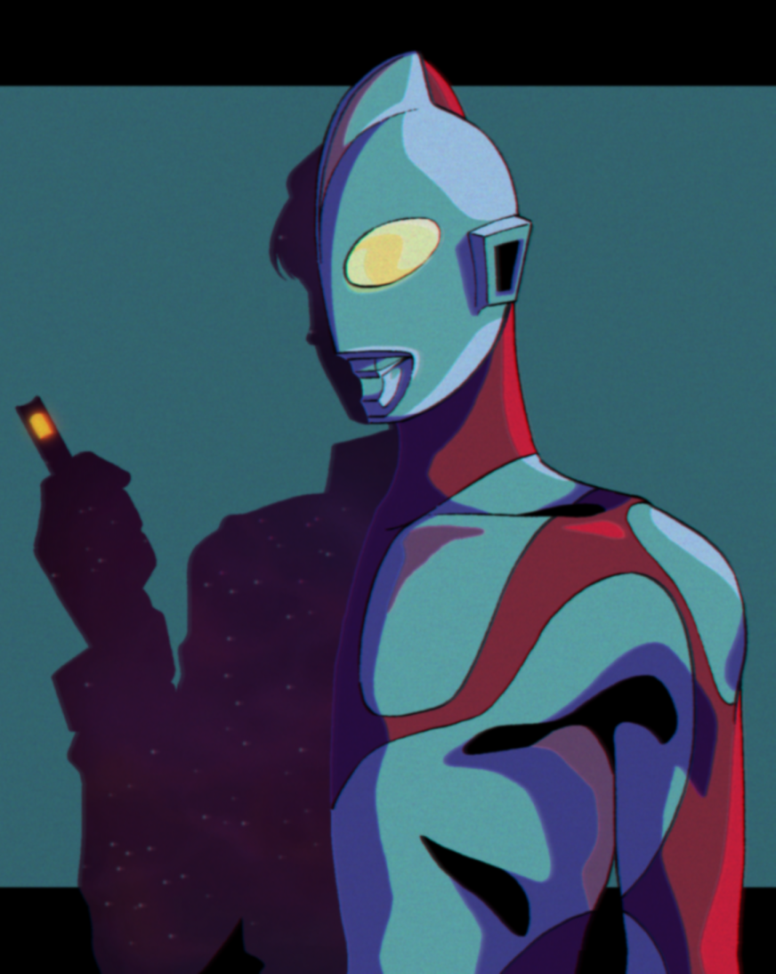2boys alien beta_capsule giant glowing glowing_eyes half_silhouette hasemil_hase kaminaga_shinji lipiah_(ultra_series) multiple_boys no_pupils seijin shin_ultraman short_hair silhouette simple_background superhero_costume transformation tsuburaya_productions ultra_series ultraman yellow_eyes