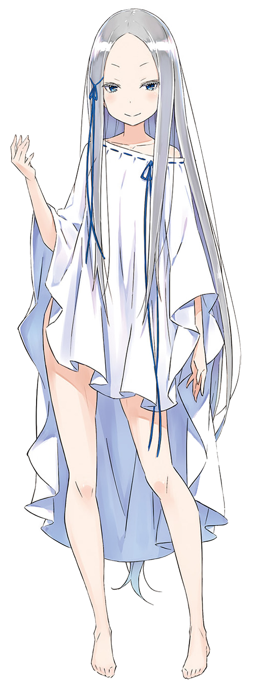 1girl bare_legs bare_shoulders barefoot blue_eyes blue_ribbon blush closed_mouth collarbone dress forehead full_body grey_hair hair_ribbon hand_up highres legs long_hair long_sleeves looking_at_viewer naked_poncho off_shoulder official_art pandora_(re:zero) parted_bangs re:zero_kara_hajimeru_isekai_seikatsu ribbon ribbon-trimmed_dress ribbon_trim simple_background smile solo standing thighs very_long_hair white_background white_dress wide_sleeves