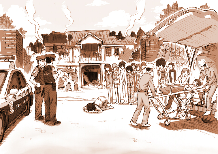 10s 6+boys 6+girls akazawa_izumi ambulance animal_costume another bulletproof_vest bungo car clothed_male_nude_female clothed_male_nude_male cloud covering_crotch covering_privates damaged dogeza dress faceless faceless_female faceless_male full_body glasses heart heart_print helmet house japan_national_police kazami_tomohiko long_hair mikami_(another) mikami_reiko_(another) misaki_mei mochizuki_yuuya monkey monkey_costume monochrome motor_vehicle multiple_boys multiple_girls nude ogura_yumi ouji_makoto outdoors pajamas pants police police_car police_uniform policeman ruins sakakibara_kouichi saruta_noboru sepia short_dress short_hair short_sleeves sky smoke standing stretcher sugiura_takako teshigawara_naoya top-down_bottom-up v_arms yamashita_bungo