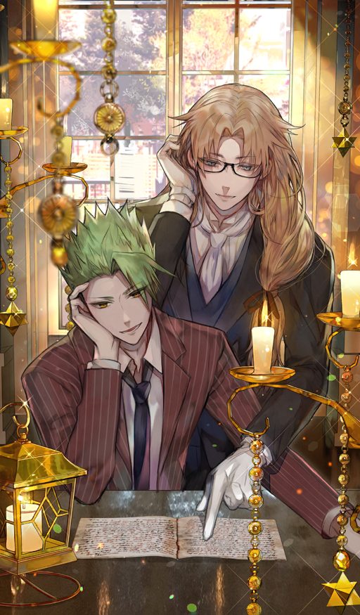 2boys achilles_(fate) achilles_(mentor_and_i)_(fate) adjusting_hair black-framed_eyewear black_necktie black_vest blonde_hair blue_eyes blurry brown_jacket brown_suit candle candlestand chiron_(fate) chiron_(mentor_and_i)_(fate) collared_shirt commentary curtained_hair depth_of_field diffraction_spikes dress_shirt fate/grand_order fate_(series) formal_clothes glasses gloves green_hair indoors jacket lantern lapels long_hair low-tied_long_hair male_focus multiple_boys necktie notched_lapels official_alternate_costume official_art orange_eyes paper pinstripe_pattern pinstripe_suit pointing popped_collar red_ribbon red_suit ribbon shirt short_hair sparkle spiked_hair stellated_octahedron suit tcb vest waistcoat white_gloves white_necktie white_shirt window