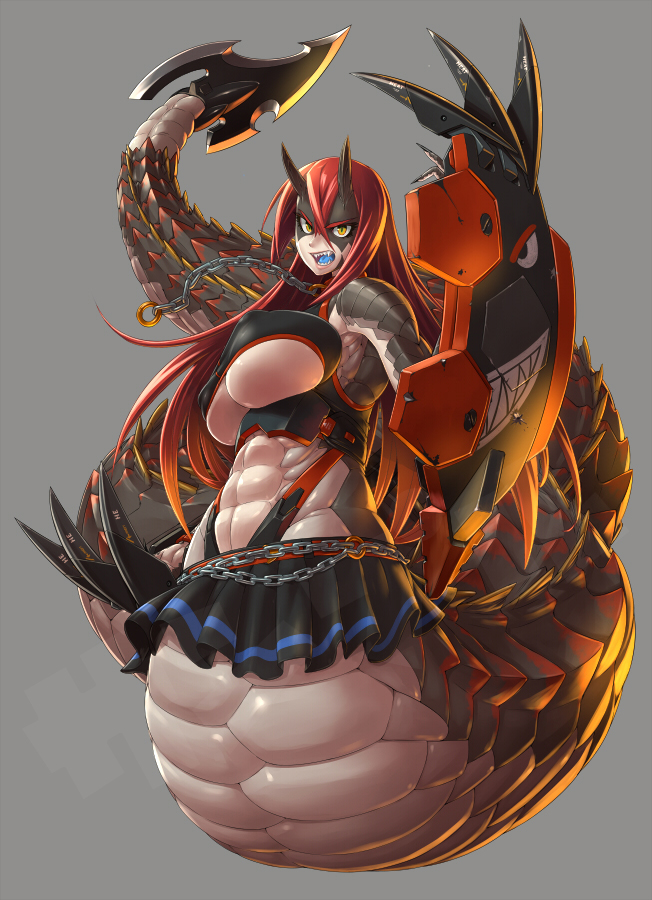 00s 1girl abs belt blade blue_tongue breasts cerastes chain claws cleavage_cutout clothing_cutout collar colored_tongue commentary_request fangs female_focus horns huge_breasts lamia leash long_hair looking_at_viewer mechanical_arms midriff mikoyan monster_girl muscular muscular_female original rattlesnake red_hair scales single_mechanical_arm skirt slit_pupils solo taimanin_(series) taimanin_asagi taimanin_asagi_kessen_arena toned underboob yellow_eyes