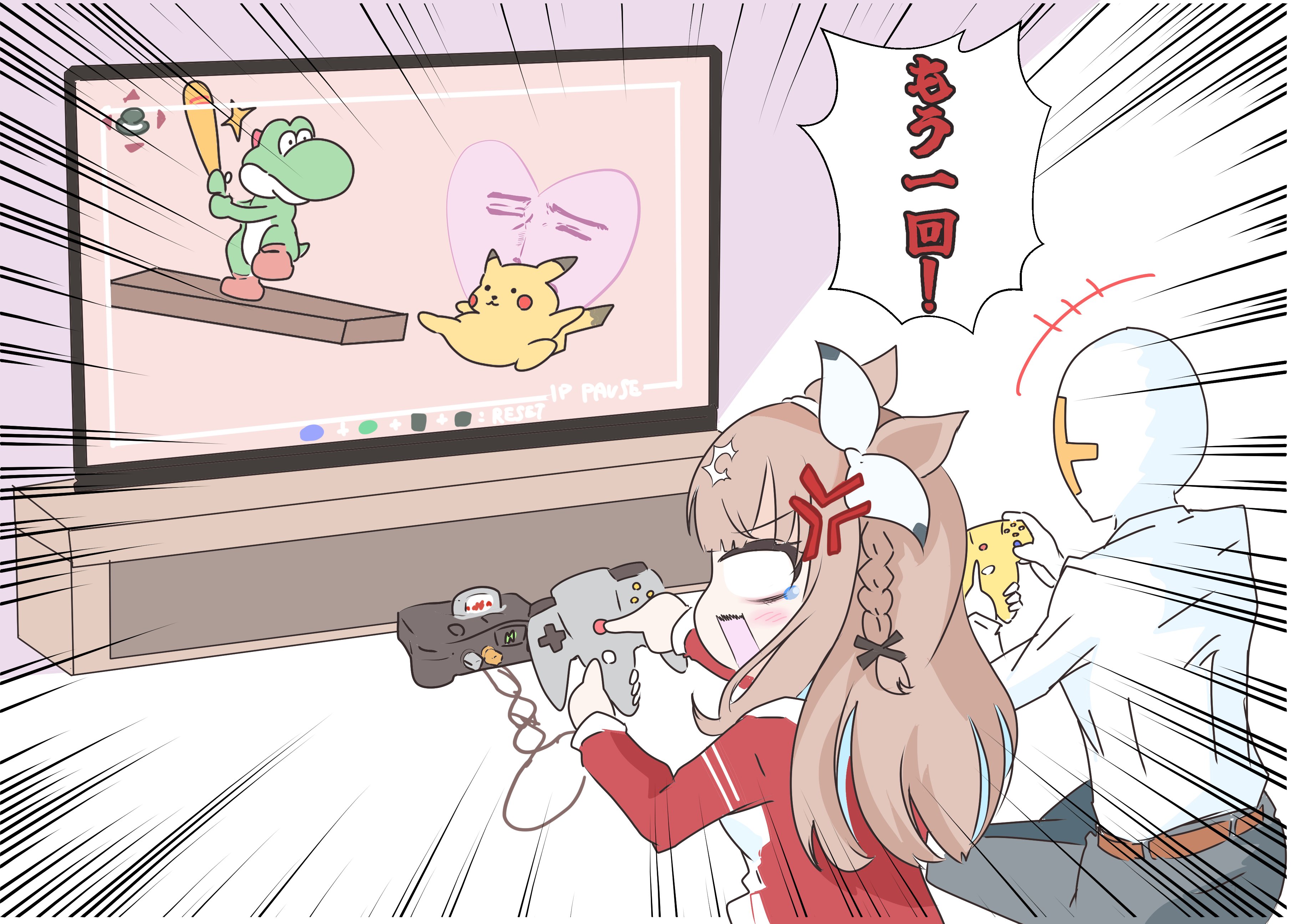 1boy 1girl absurdres almond_eye_(umamusume) anger_vein animal_ears baseball_bat braided_sidelocks brown_hair controller emphasis_lines flat_screen_tv game_console game_controller gen_1_pokemon gutei_tei highres holding holding_baseball_bat holding_controller holding_game_controller horse_ears horse_girl jacket long_hair nintendo nintendo_64 nintendo_64_controller pants pikachu pokemon pokemon_(creature) red_jacket red_pants red_track_suit super_smash_bros. t-head_trainer_(umamusume) television tracen_training_uniform track_jacket track_pants track_suit trainer_(umamusume) translated umamusume yoshi