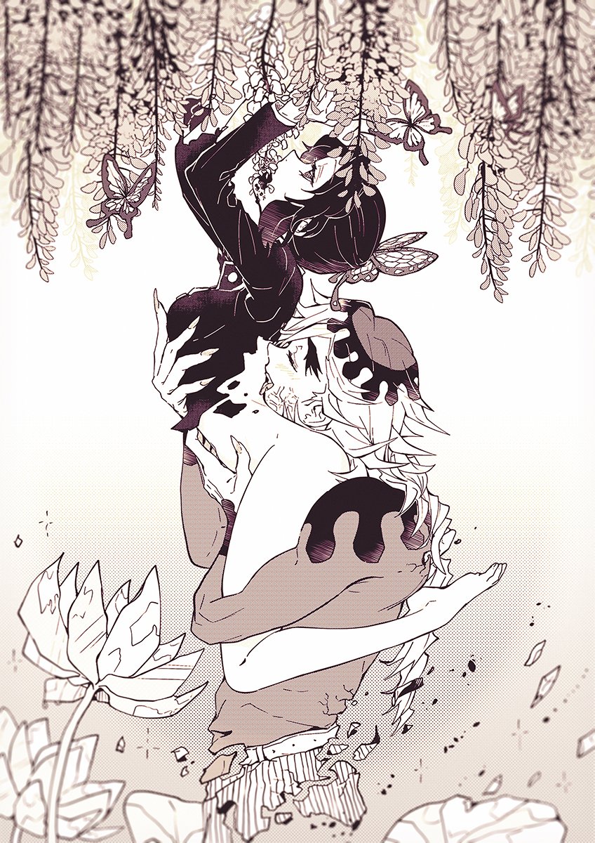1boy 1girl arms_up barefoot blurry bottomless breasts bug butterfly butterfly_hair_ornament closed_eyes depth_of_field dissolving douma_(kimetsu_no_yaiba) eating eating_flower empty_eyes fingernails flower flower_in_mouth from_side hair_ornament hetero highres ice insect kimetsu_no_yaiba kochou_shinobu licking long_fingernails long_hair long_sleeves looking_away looking_up lotus monochrome multicolored_hair naive_(day) open_mouth plantar_flexion patterned_hair print_shirt profile shards shirt skin_tight streaked_hair tight_clothes tight_shirt