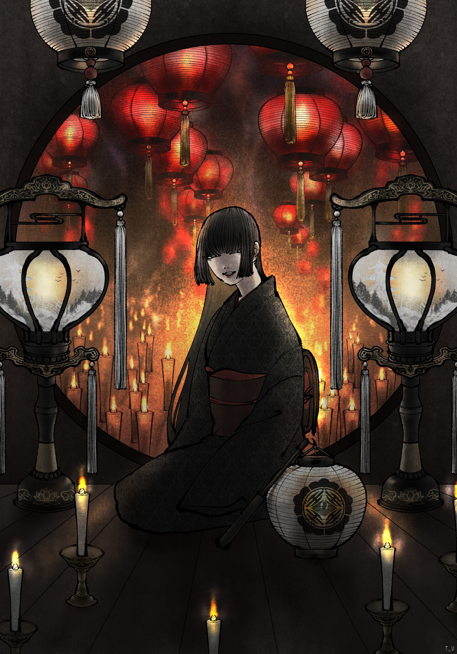 1girl absurdres black_hair black_kimono blunt_bangs candle candlelight candlestand closed_eyes facing_viewer fire floating floating_object hanging_lantern highres hime_cut indoors japanese_clothes kimono lantern lipstick long_hair makeup moon_gate night obi obon on_floor original paper_lantern parted_lips sash seiza sidelocks sitting sky_lantern smile solo straight_hair tassel tian-you99 very_long_hair wooden_floor