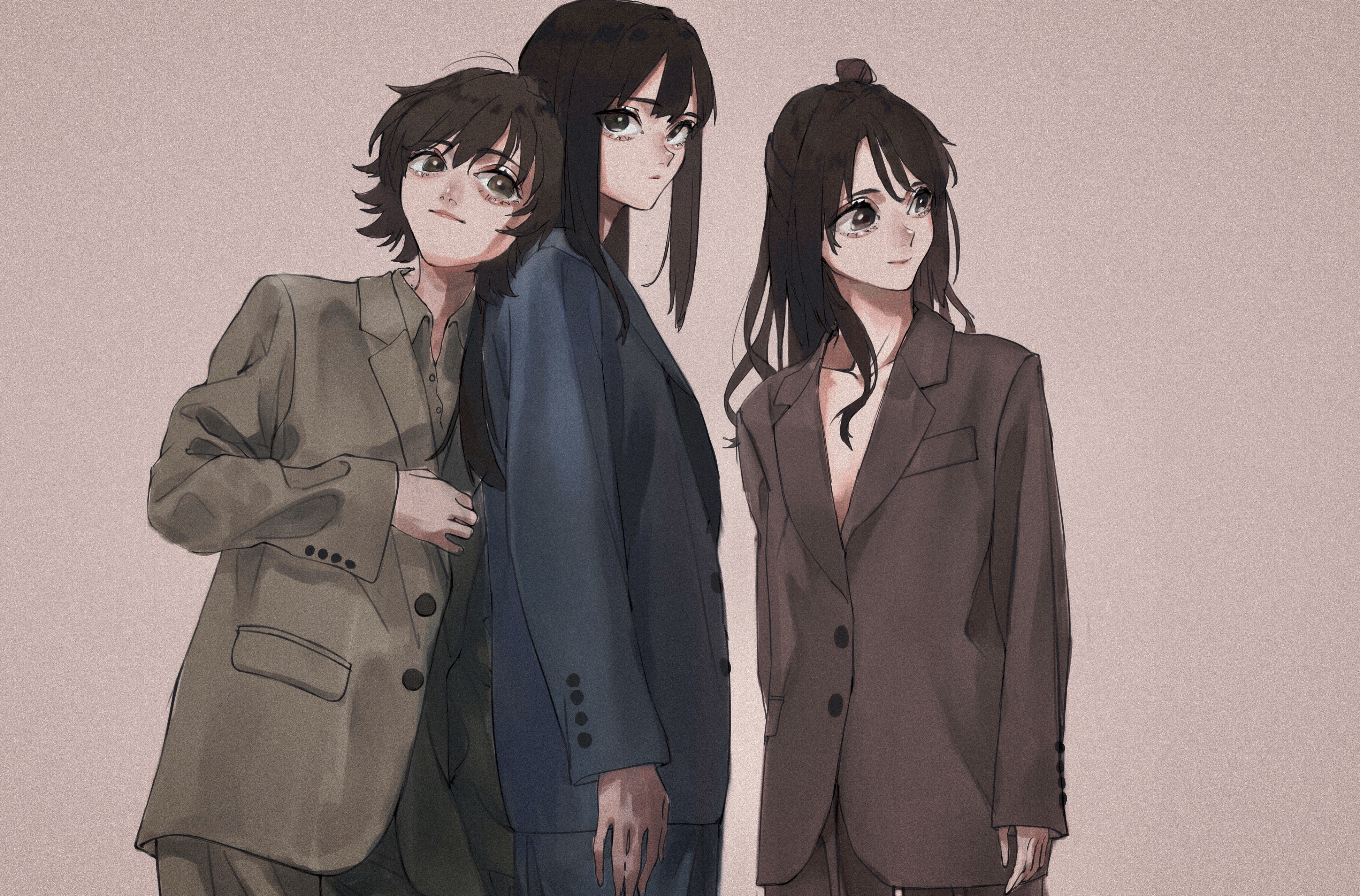 3girls absurdres alternate_costume black_hair brown_hair collarbone expressionless formal_clothes highres honda_mio idolmaster idolmaster_cinderella_girls light_smile looking_afar looking_at_viewer multiple_girls new_generations_(idolmaster) no_shirt oversized_clothes shibuya_rin shimamura_uzuki shuna_(rain_ball47) simple_background suit upper_body