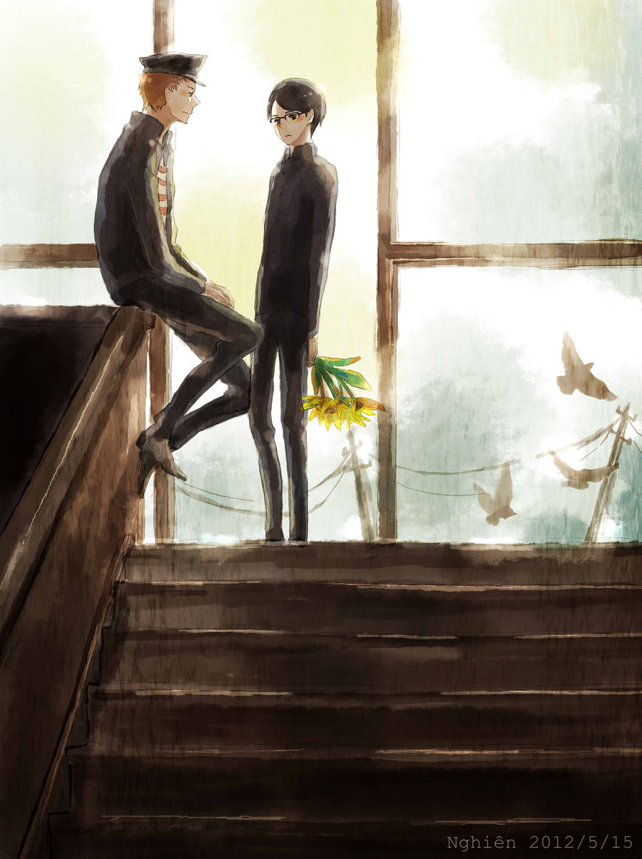 2boys bird black_hair black_jacket black_pants blonde_hair cross_scar dove facial_scar flower full_body gakuran glasses hat highres holding holding_flower indoors inputanimeoutput jacket kawabuchi_sentarou looking_at_another male_focus military_hat multiple_boys nishimi_kaoru open_clothes open_jacket painterly pants sakamichi_no_apollon scar scar_on_cheek scar_on_face school_uniform short_hair sitting stairs stairwell sunflower