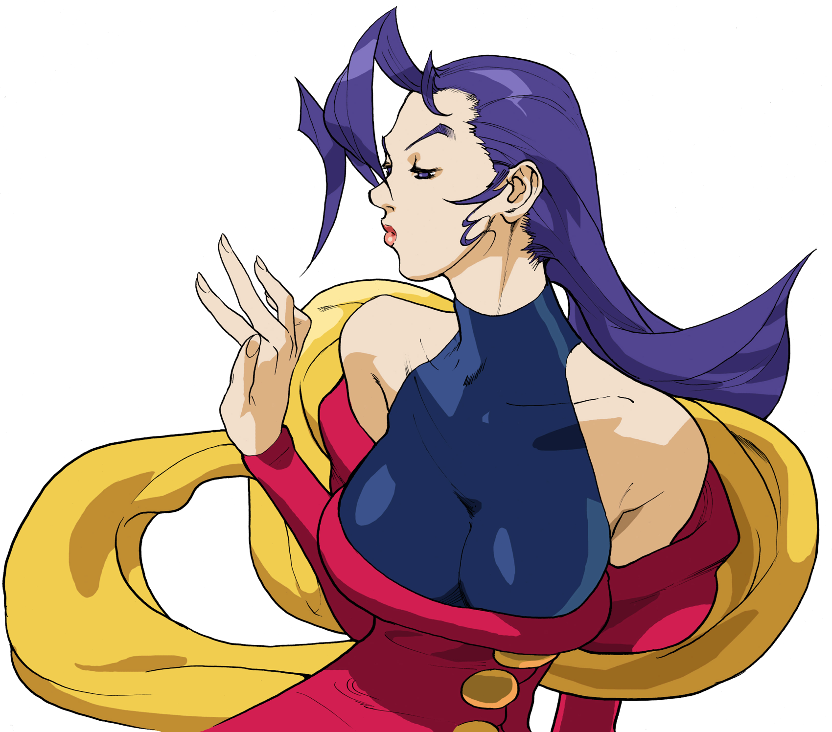1girl ahoge bare_shoulders bengus breasts cleavage clothing_cutout dress from_side game_cg half-closed_eyes hand_up highres huge_ahoge large_breasts lipstick long_hair makeup non-web_source official_art portrait purple_hair red_dress rose_(street_fighter) shoulder_cutout simple_background solo street_fighter street_fighter_zero_(series) upper_body white_background