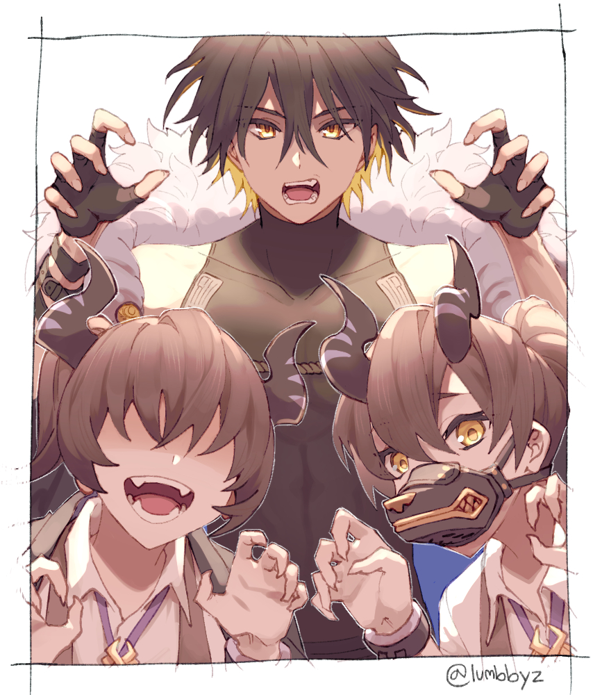1boy 2girls alchemy_stars belt black_gloves black_hair border brown_hair claw_pose collarbone collared_shirt colored_inner_hair cuffs fangs fingerless_gloves gloves horns hydrad_(alchemy_stars) looking_at_viewer lumbbyz multicolored_hair multiple_girls muzzle no_eyes open_mouth outside_border patsy_(alchemy_stars) patty_(alchemy_stars) ponytail shirt short_hair skin_tight sleeveless sleeveless_shirt tongue turtleneck twitter_username white_shirt yellow_eyes