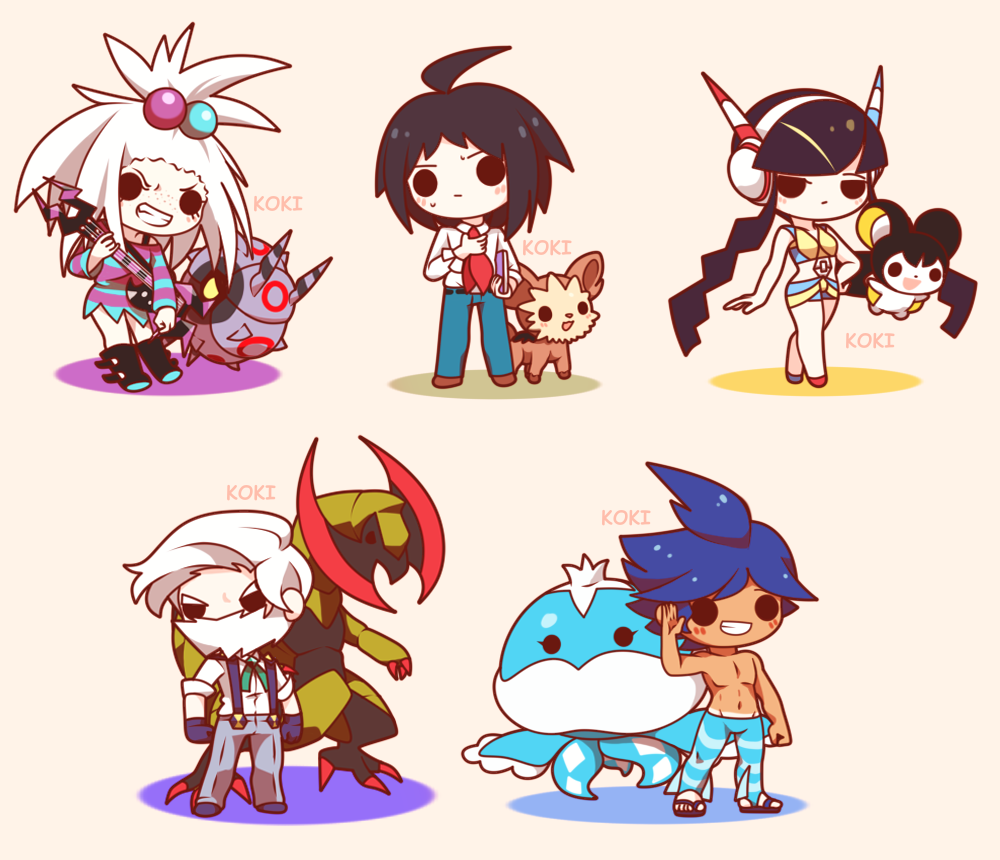 :d ahoge artist_name asymmetrical_footwear bass_guitar beard black_footwear black_hair blue_dress blue_footwear blue_pants blue_shirt blue_shorts brown_footwear cheren_(pokemon) chibi clenched_hands closed_mouth commentary dark-skinned_male dark_skin drayden_(pokemon) dress elesa_(pokemon) emolga english_commentary eyelashes facial_hair freckles full_body gen_5_pokemon gloves grey_pants hair_bobbles hair_ornament hand_on_own_hip haxorus headphones holding holding_bass_guitar holding_instrument instrument jellicent jellicent_(male) koki_arts lillipup long_hair marlon_(pokemon) mismatched_footwear necktie nintendo open_mouth pants pokemon pokemon_(creature) pokemon_bw pokemon_bw2 purple_dress purple_footwear purple_gloves red_footwear red_necktie roxie_(pokemon) sandals shirt short_hair short_hair_with_long_locks shorts sidelocks simple_background sleeveless sleeveless_shirt smile standing striped_clothes striped_dress striped_pants suspenders sweatdrop tan tanline topknot topless_male two-tone_dress two-tone_shirt two-tone_shorts v-shaped_eyebrows waving whirlipede white_hair white_shirt yellow_shirt yellow_shorts