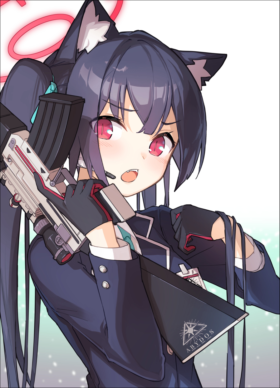 1girl animal_ear_fluff animal_ears aqua_necktie beretta_ar70/90 black_hair blazer blue_archive cat_ears collared_shirt commentary_request earpiece fang gun hair_ribbon halo highres holding holding_gun holding_weapon id_card jacket long_hair long_sleeves looking_at_viewer looking_to_the_side miya_kazutomo necktie open_mouth red_eyes ribbon school_uniform serika_(blue_archive) shirt solo teeth twintails two-tone_gloves upper_body upper_teeth_only weapon