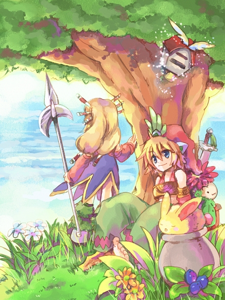 2girls bad_id bad_pixiv_id blonde_hair blue_dress blue_eyes boots brown_footwear closed_mouth commentary_request dress flower full_body grass green_pants hair_between_eyes hizukiryou holding holding_polearm holding_spear holding_weapon imu_(lom) legend_of_mana long_hair multiple_girls pants plant polearm pot rabbit rabite_(seiken_densetsu) seiken_densetsu short_hair smile spear standing tree weapon yellow_flower