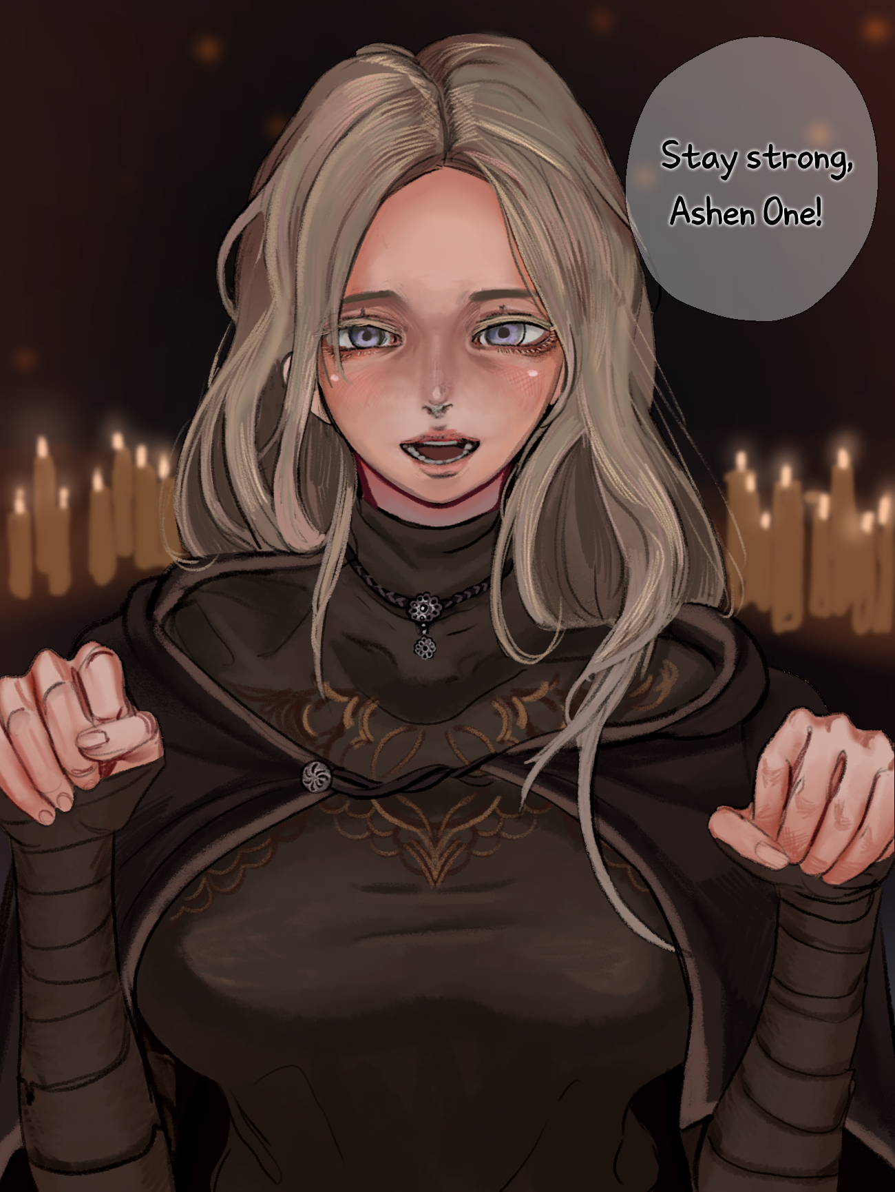 1girl black_cloak black_dress blonde_hair blush breasts cloak dark_souls_(series) dark_souls_iii dress fire_keeper forehead highres kkghost_tv large_breasts long_hair looking_at_viewer open_mouth paw_pose purple_eyes solo upper_body