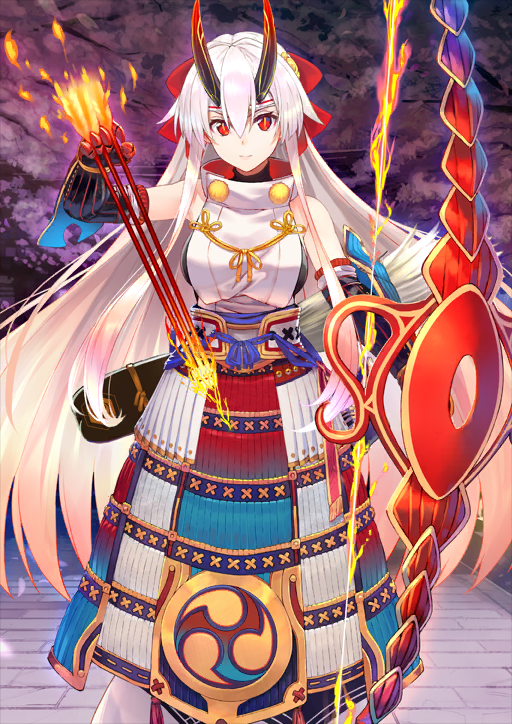 1girl arm_armor arm_at_side armor armored_gloves arrow_(projectile) bare_shoulders between_fingers black_horns black_shirt bow bow_(weapon) breasts bright_pupils cherry_blossoms closed_mouth double-parted_bangs elbow_gloves fate/grand_order fate_(series) feet_out_of_frame flaming_arrow flaming_weapon floating_hair gloves gradient_horns hair_between_eyes hair_bow hand_up headband high_collar holding holding_arrow holding_bow_(weapon) holding_weapon horns japanese_armor japanese_clothes kusazuri long_hair long_sidelocks looking_at_viewer medium_breasts mitsudomoe_(shape) multicolored_horns official_art pants quiver red_bow red_eyes red_horns shirabi shirt sidelocks sleeveless slit_pupils solo standing third-party_source tomoe_(symbol) tomoe_gozen_(fate) turtleneck variant_set very_long_hair very_long_sidelocks weapon white_hair white_headband yellow_pupils
