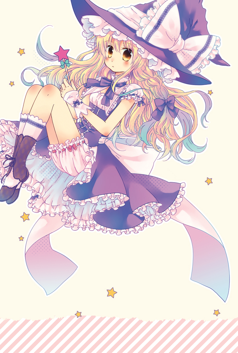 1girl blonde_hair bloomers blush bow braid dress female_focus hair_bow kirisame_marisa legs_up long_hair looking_at_viewer sash single_braid siva socks solo touhou underwear upskirt wand wavy_hair yellow_eyes