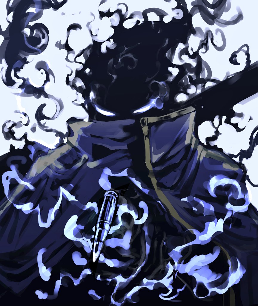 1boy black_fire blue_cape blue_fire bullet cape der_freischuetz_(project_moon) fire flaming_head gold_trim lobotomy_corporation looking_at_viewer male_focus maskv project_moon simple_background solo upper_body white_background white_eyes