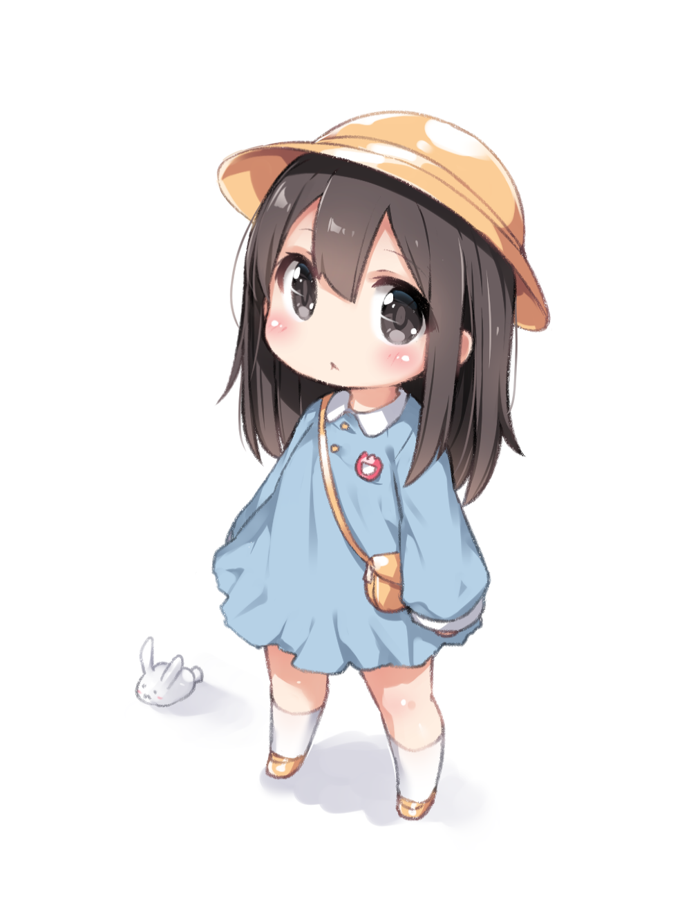 1girl :&lt; bag blue_dress brown_eyes brown_hair child closed_mouth collared_dress commentary dress full_body hat highres kindergarten_bag kindergarten_uniform kneehighs long_sleeves looking_at_viewer medium_hair name_tag original puffy_long_sleeves puffy_sleeves rabbit school_hat shoes shoulder_bag sleeves_past_fingers sleeves_past_wrists socks solo symbol-only_commentary tamase_tama white_background white_rabbit_(animal) white_socks yellow_bag yellow_hat yellow_shoes