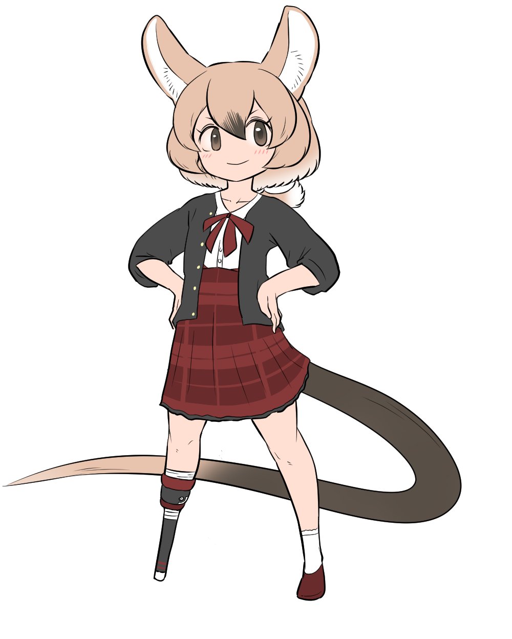 1girl amputee animal_ears bokoboko_(pandagapanda1) brown_eyes brown_hair gambian_rat_(kemono_friends) hands_on_own_hips highres jacket kemono_friends kemono_friends_3 mary_janes mechanical_legs missing_limb mouse_ears mouse_girl mouse_tail official_alternate_costume plaid_clothes plaid_skirt prosthesis prosthetic_leg red_ribbon ribbon shoes ankle_socks single_mechanical_leg skirt smile socks solo standing tail white_fur white_socks