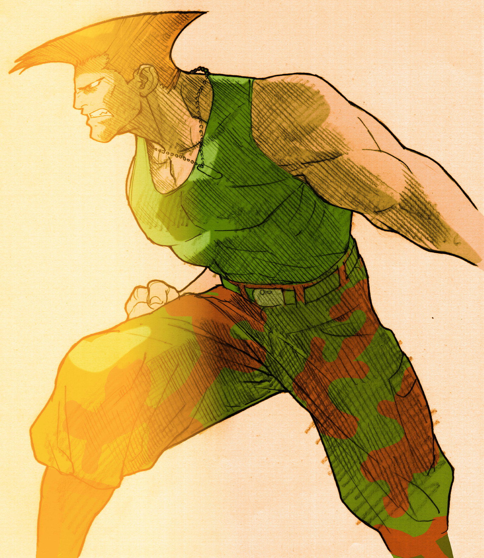 1boy american_flag american_flag_tattoo angry bengus brown_eyes camouflage camouflage_pants capcom clenched_hand clenched_teeth dog_tags facing_to_the_side fighting_stance flattop game_cg green_tank_top guile highres impossible_hair male_focus marvel marvel_vs._capcom marvel_vs._capcom_2 mohawk muscular muscular_male non-web_source official_art pants scan sidelighting simple_background solo street_fighter tank_top tattoo teeth