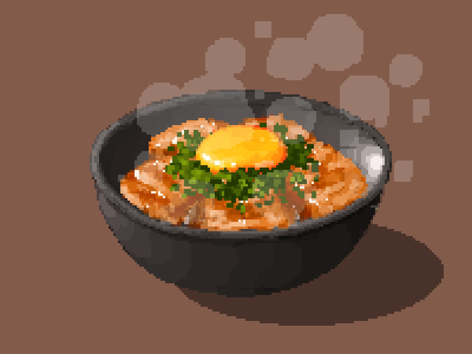 beef bowl brown_background egg_yolk filet food food_focus gyuudon highres hisachan55cute no_humans original pixel_art scenery shadow simple_background soy_sauce spring_onion steaming_food