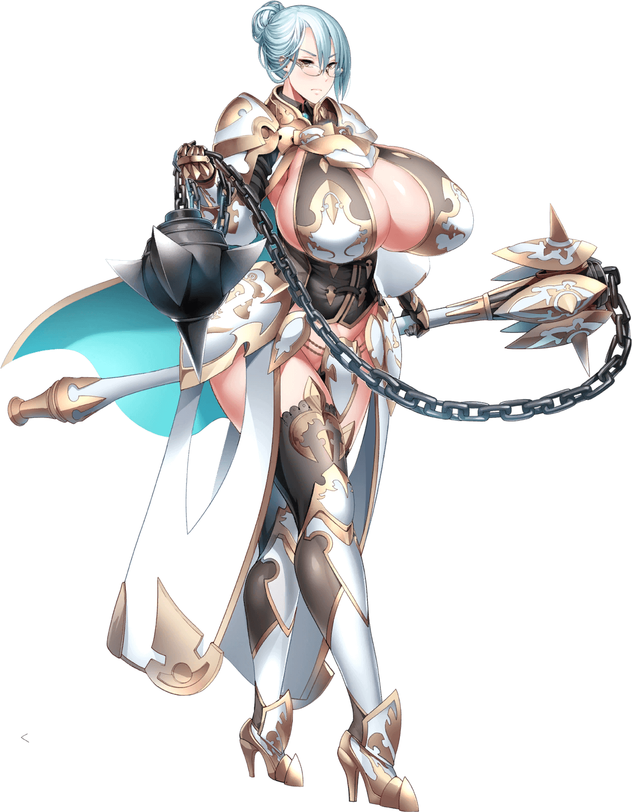 1girl armor armored_boots artist_request blue_cape blue_hair boots breasts cape chain female_focus full_body gigantic_breasts glasses high_heels highres holding_flail katisha_(kyonyuu_fantasy_burst) kyonyuu_fantasy_burst looking_at_viewer official_art paladin purple_eyes short_hair solo spikes standing updo white_armor wide_hips