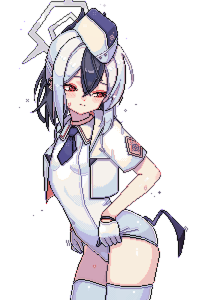 1girl 2049_(hh5566) black_hair black_wings blue_archive blush closed_mouth cowboy_shot demon_wings dress grey_halo hair_between_eyes halo hat jacket kayoko_(blue_archive) long_hair multicolored_hair open_clothes open_jacket red_eyes short_sleeves simple_background single_wing solo thighhighs utnapishtim_operator_uniform_(blue_archive) white_background white_dress white_hair white_hat white_jacket white_thighhighs wings