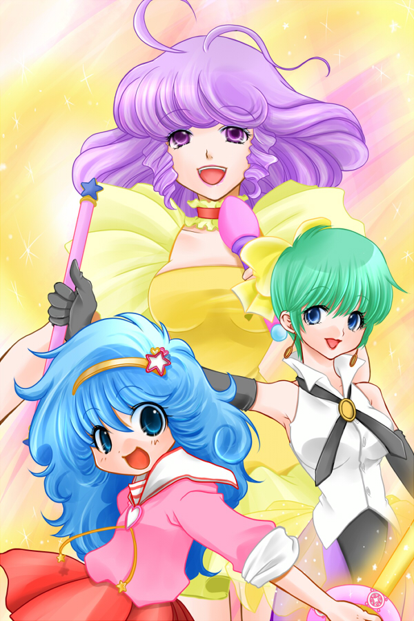 1980s_(style) 3girls blue_eyes blue_hair bow company_connection creamy_mami crossover delpico dress earrings green_hair hairband hayami_persia idol jewelry kazuki_mai leotard long_hair magical_emi magical_girl mahou_no_star_magical_emi mahou_no_tenshi_creamy_mami mahou_no_yousei_persia microphone morisawa_yuu multiple_crossover multiple_girls necktie retro_artstyle persia_(mahou_no_yousei_persia) purple_eyes purple_hair red_dress red_skirt retro_artstyle short_hair skirt sleeves_rolled_up smile studio_pierrot wand yellow_bow yellow_dress yellow_skirt