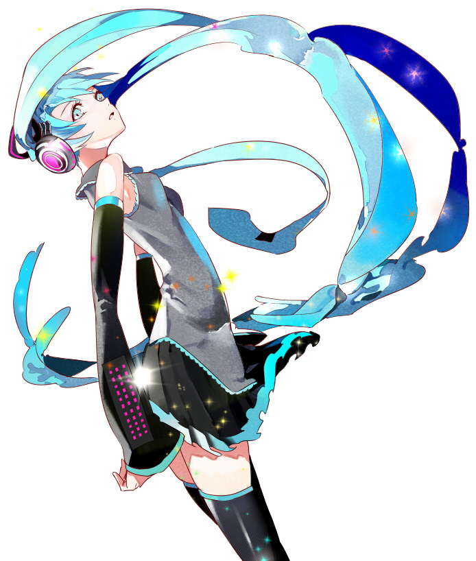 1girl absurdly_long_hair aqua_eyes aqua_hair bare_shoulders detached_sleeves female_focus hatsune_miku headphones long_hair looking_at_viewer necktie open_mouth serori simple_background skirt solo thighhighs twintails very_long_hair vocaloid zettai_ryouiki
