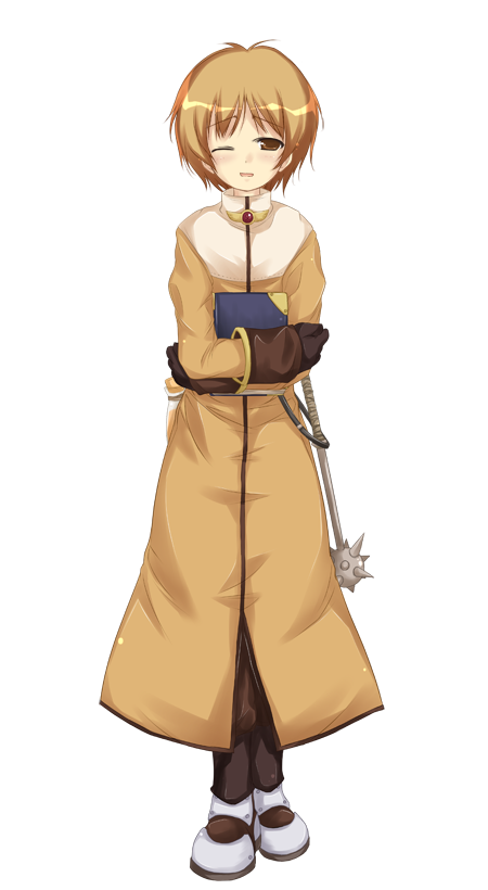 1boy acolyte_(ragnarok_online) armored_boots blonde_hair blush book boots brown_eyes brown_gloves brown_pants cassock crossed_arms frown full_body gloves holding holding_book large_variant_set long_sleeves looking_at_viewer mace male_focus official_art one_eye_closed open_mouth pants ragnarok:_guild_masters ragnarok_online short_hair simple_background solo spiked_mace spikes standing transparent_background variant_set weapon yumesato_makura