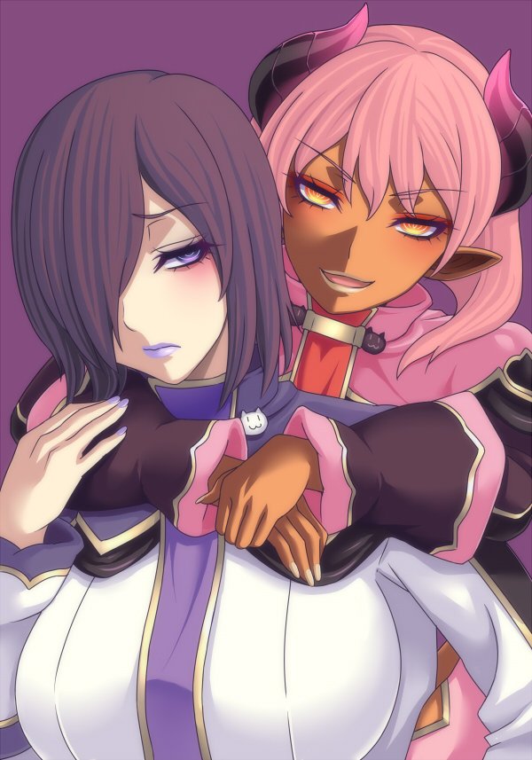 2girls :3 :d animal_print arm_grab arms_around_neck badge bags_under_eyes black_hair blush breasts button_badge cat_print dark-skinned_female dark_skin demon_girl demon_horns embarrassed eyeshadow fingernails frown hair_over_one_eye head_tilt horns hug hug_from_behind large_breasts lipstick long_fingernails long_hair long_sleeves looking_at_viewer makeup multiple_girls nail_polish open_mouth orange_eyes own_hands_together pale_skin parted_bangs pink_hair pointy_ears pop-up_story purple_background purple_eyes purple_lips raised_eyebrows revia_serge short_hair simple_background smile terumin_(yuganda_sebone) turtleneck upper_body ursula_raiment yuri |_|