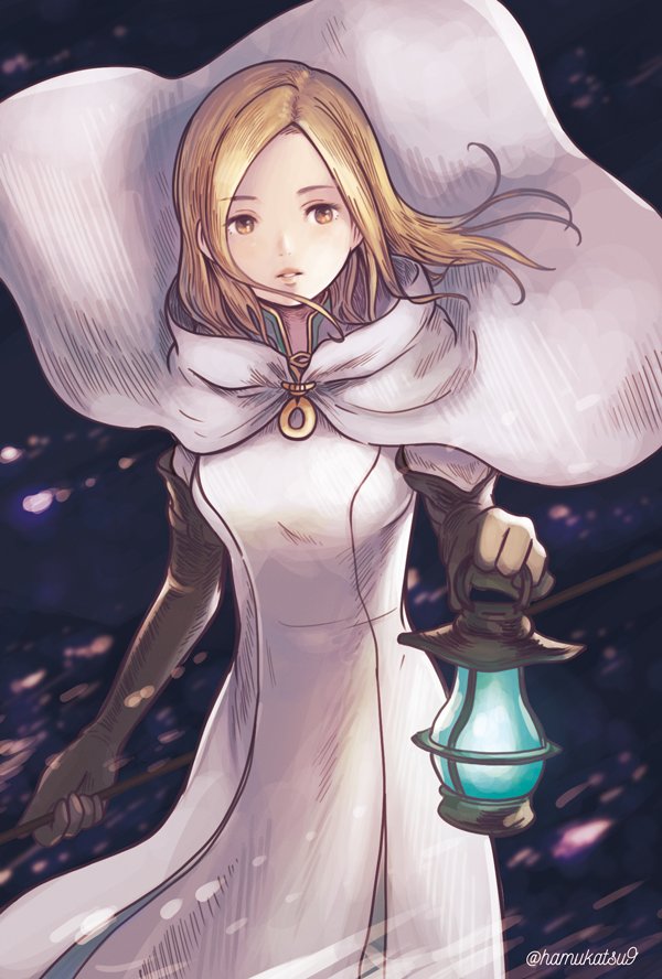 1girl ankh blonde_hair breasts cleric commentary dress female_focus gloves long_hair looking_at_viewer ma-hain-scarlet octopath_traveler octopath_traveler_i ophilia_(octopath_traveler) priestess robe solo white_dress