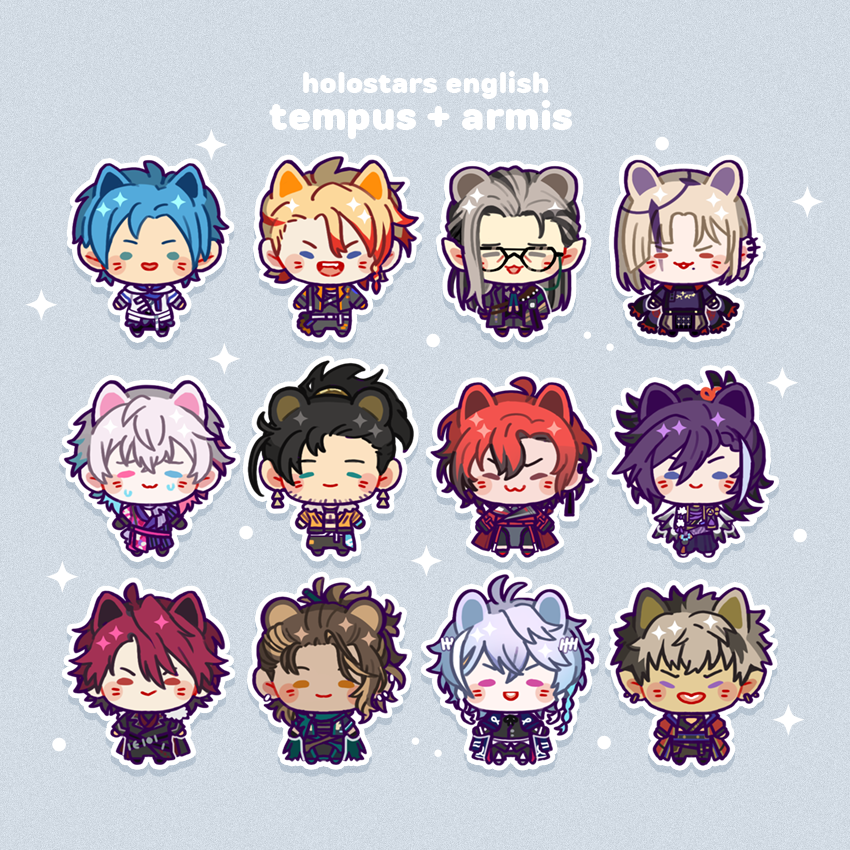 6+boys :3 :d animal_ears axel_syrios axel_syrios_(1st_costume) banzoin_hakka banzoin_hakka_(1st_costume) bear_ears beard_stubble beerwolves black_hair blonde_hair blue_hair blush blush_stickers braid brown_hair cat_ears chibi chibi_only copyright_name crimzon_ruze dark-skinned_male dark_skin dog_ears everyone facial_hair gavis_bettel gavis_bettel_(1st_costume) glasses goldbullet grey_hair group_name holoarmis holostars holostars_english holotempus josuiji_shinri jurard_t_rexford kemonomimi_mode long_hair machina_x_flayon machina_x_flayon_(1st_costume) magni_dezmond male_focus mole mole_under_mouth multicolored_hair multiple_boys noir_vesper noir_vesper_(1st_costume) octavio open_mouth outline parted_bangs pink_hair pointy_ears ponytail purple_hair red_hair regis_altare short_hair single_braid smile sparkle streaked_hair stubble tri_braids two-tone_hair virtual_youtuber white_hair white_outline