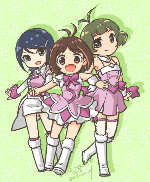 1boy 2018 2girls akizuki_ryo antenna_hair artist_name asymmetrical_sleeves bare_shoulders blue_eyes blue_hair boots bow bowtie breasts brown_eyes brown_hair closed_mouth crossdressing cute_&amp;_girly_(idolmaster) dearly_stars_(idolmaster) detached_sleeves dress full_body fur-trimmed_boots fur-trimmed_dress fur_trim green_background green_hair hair_ornament hairclip hands_up hidaka_ai holding_hands idolmaster idolmaster_dearly_stars knee_boots leg_up long_sleeves medium_breasts miniskirt mizutani_eri multiple_girls no_nose open_hand open_mouth outstretched_arm pencil_skirt pink_bow pink_bowtie pink_dress pink_shirt pink_trim pink_wrist_cuffs shirt short_hair silhouette simple_background single_bare_shoulder single_sleeve single_wrist_cuff skirt small_breasts smile standing standing_on_one_leg thighhighs trap twitter_username uneven_sleeves white_boots white_skirt white_sleeves white_thighhighs white_wrist_cuffs wrist_cuffs yukimiya_chino
