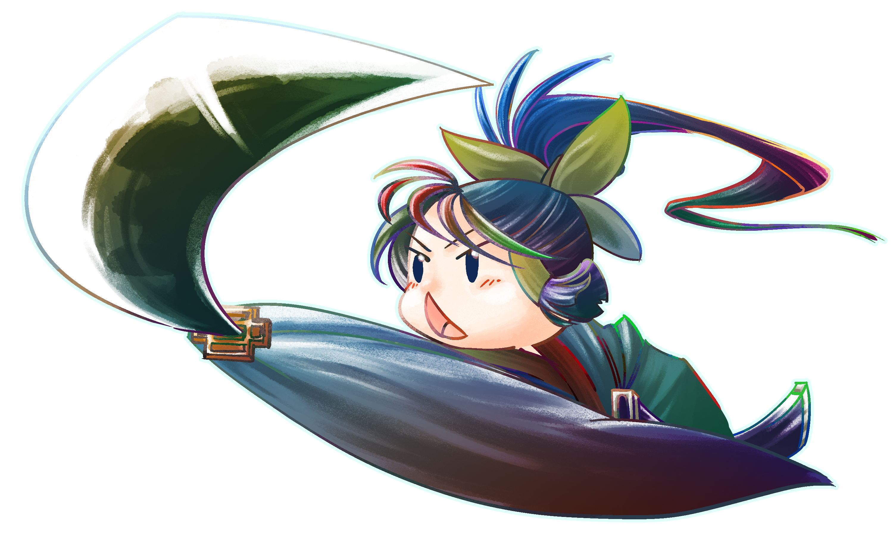 1girl alternate_costume black_eyes black_hair blush bow commentary_request cookie_(touhou) green_bow grey_kimono hair_bow hair_tubes hakurei_reimu high_ponytail highres japanese_clothes katana kimono long_hair open_mouth ponytail sakenomi_(cookie) simple_background solo sword touhou transparent_background triangle_mouth ukiwagirl upper_body weapon