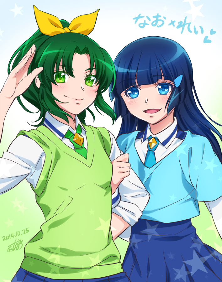 0417nao 10s 2girls aoki_reika blue_eyes blue_hair blue_necktie blush green_eyes green_hair green_necktie green_sweater_vest hime_cut long_hair midorikawa_nao multiple_girls necktie open_mouth ponytail precure school_uniform short_hair smile smile_precure! sweater_vest