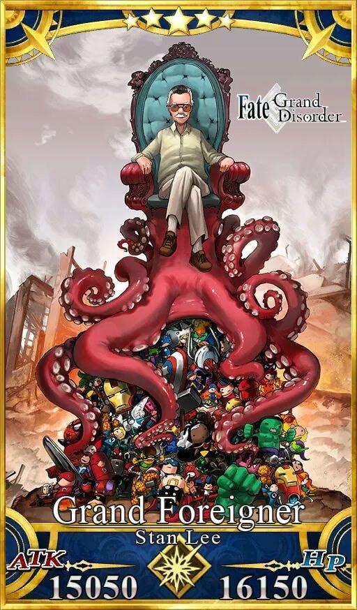 6+boys action_figure beige_pants brown_footwear captain_america card_(medium) card_parody clenched_hand cloud cloudy_sky collared_shirt craft_essence_(fate) daredevil facial_hair fate/grand_order fate_(series) green_shirt helmet hulk iron_man crossed_legs loafers male_focus marvel multiple_boys mustache octopus pants pile real_life shield shirt shoes sitting sky socks spider-man stan_lee storm storm_(x-men) sunglasses tentacles thor_(marvel) throne wasteland white_hair white_legwear