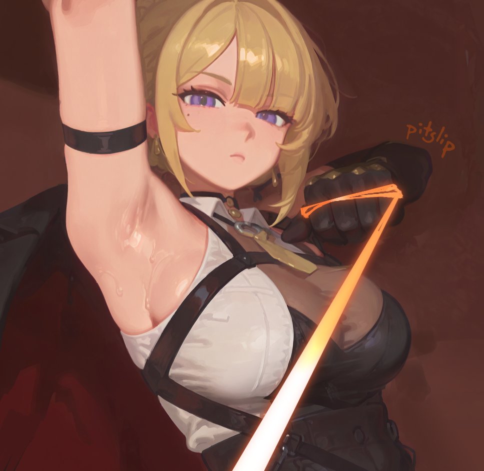1girl arm_strap arm_up armpits black_coat black_pants blonde_hair brown_background closed_mouth coat elbow_gloves evelyn_chevalier gloves half_gloves high-waist_pants long_hair looking_at_viewer necktie pants pitslip presenting_armpit purple_eyes see-through_clothes signature single_elbow_glove single_half_glove solo string sweat tight_clothes weapon yellow_necktie zenless_zone_zero