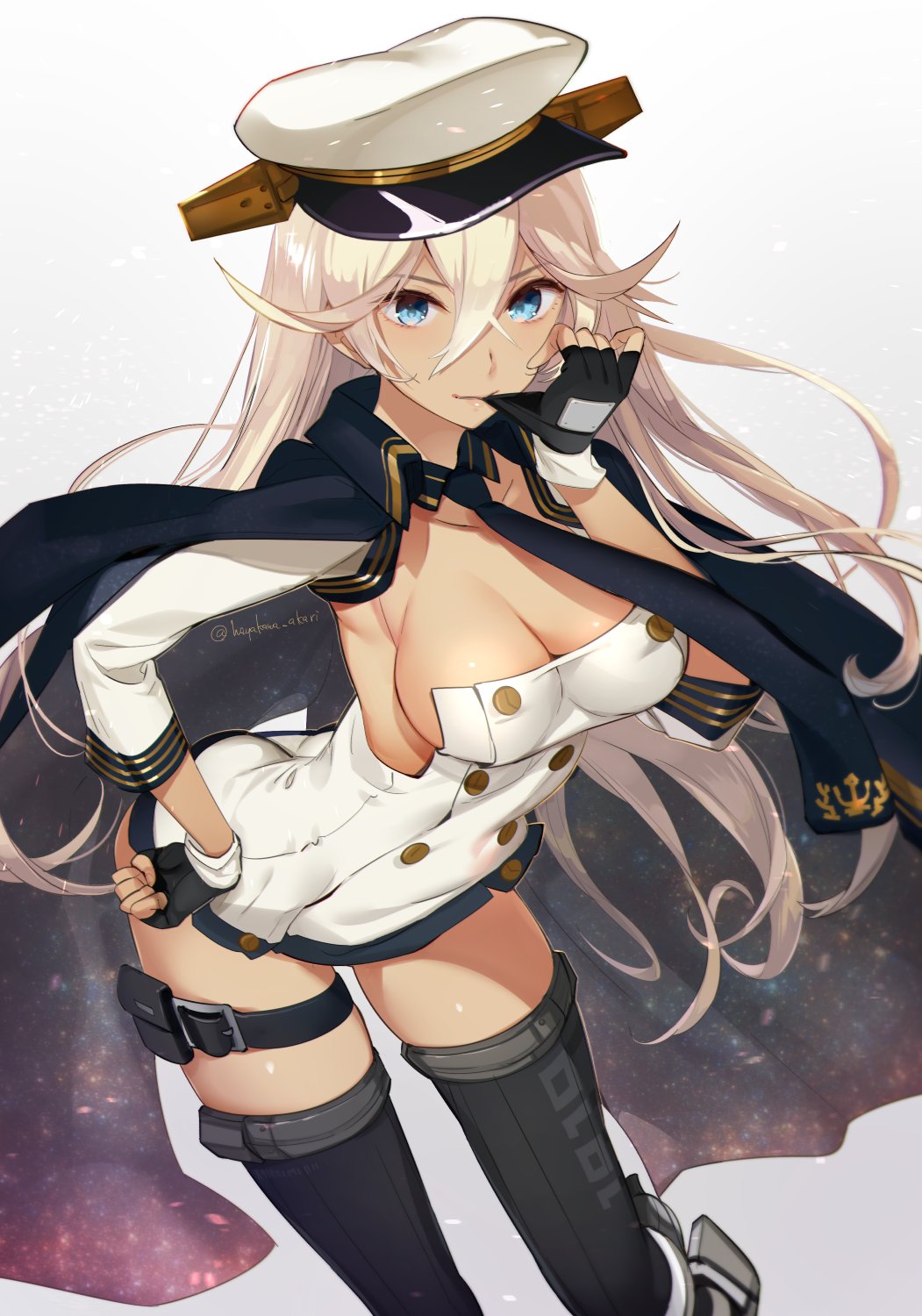 1girl arched_back ass azur_lane black_gloves black_thighhighs blonde_hair blue_eyes breasts cape cleavage dark-skinned_female dark_skin detached_collar detached_sleeves dress female_focus fingerless_gloves gloves gold_trim gradient_background hair_between_eyes hand_on_own_hip hat hayakawa_akari highres leaning_forward long_hair medium_breasts necktie short_dress simple_background solo tennessee_(azur_lane) thigh_strap thighhighs very_long_hair white_dress