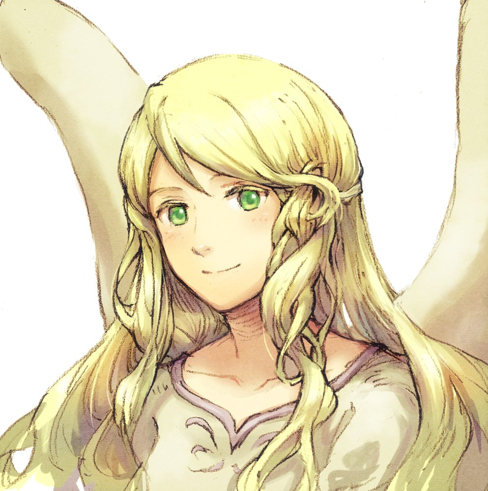 1girl angel_wings bird blonde_hair feathered_wings fire_emblem fire_emblem:_path_of_radiance green_eyes hashibi_rokou heron leanne_(fire_emblem) long_hair looking_at_viewer nintendo portrait smile solo white_wings wings